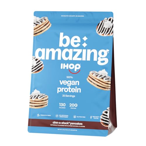 BE AMAZING Vegan Protein Powder, IHOP Cinn-A-Stack Pancakes, 20g Plant Based Protein with Prebiotic Fiber, Low Carb, Dairy and Gluten Free Shake Mix, No Added Sugar, 29.3 oz, 25 Servings