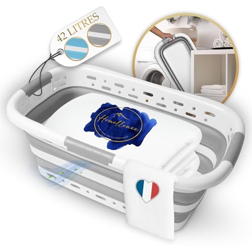 Homellence Corbeille à Linge Pliable 42L avec Trous de Ventilation - Panier à Linge Pliable - Grande Bassine Plastique Portable pour Linge Sale et Propre avec 3 Poignées - 65x40x27/8,5cm (Gris)