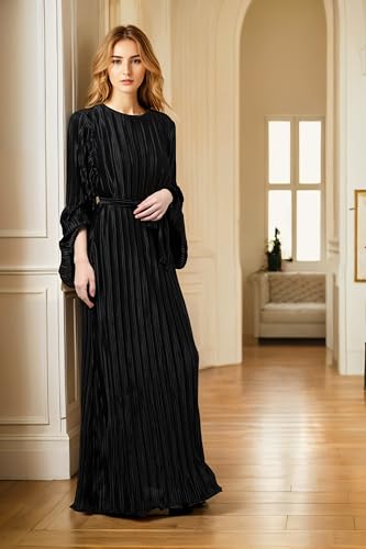 Image of Pluto & Fox Women's Crew Neck Plisse Maxi Dress Long Sleevele Flared Cuffs Belted Pleated Party Cocktail Wedding Guest Dress