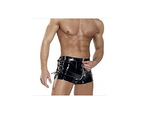 Sexy Men Lingerie Wild Male PVC Boxer Male Latex Shorts Faux Leather Brief Zipper Lace Up Costume (L)