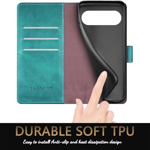 Coque Google Pixel 10 Pro XL SUANPOT à rabat en cuir bleu vert - 6