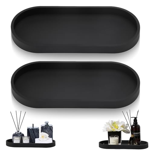 APOMOONS Bandeja Negra de Silicona 2 Piezas - Decorativa Ovalada Pequeña para Baño, Almacenaje de Jabones, Cosméticos, Joyería y Aromaterapia (24.5x11x2CM)