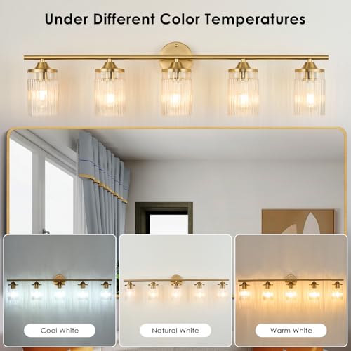 Image of Jonsi Gold Bathroom Light Fixtures 5-Light Vanity Lights Modern Wall Sconce with Clear Glass Shade Brushed Brass Bathroom Light Fixture Over Mirror for Bedroom Hallway Kitchen