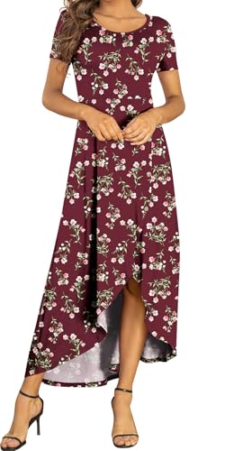 AYIFU Womens Summer Dresses High Low Slit Hem Casual Short Sleeve Maxi Dress with Buttons