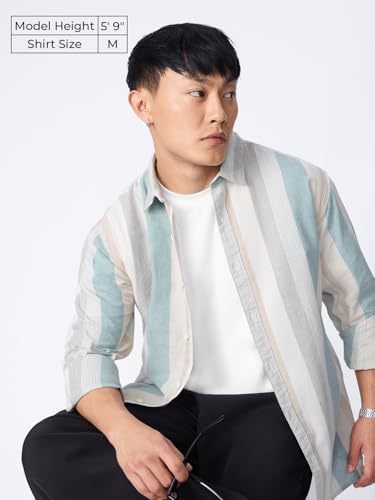 Image of The Souled Store Cotton Linen Stripes: Prism Men and Boys Long Sleeve Collared Neck Button Front Regular Fit Cotton Linen Shirt