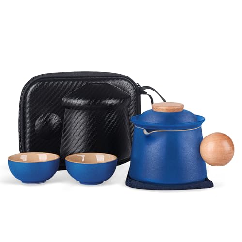 fanquare Porzellan Teeservice Blau Tragbarer Teeservice für unterwegs Chinese Kung Fu Teekanne mit Infuser Mini Travel Ceramic Teapot Set mit Aufbewahrungstasche für Haus Büro im Freien