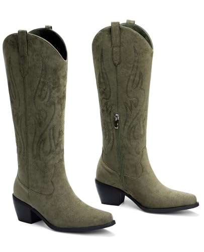 Image of Pasuot Western Cowboy Boots for Women - Knee High Wide Calf Cowgirl Boots, Slip On Pointed Toe Chunky Heel Fashion Retro Classic Pull On Tall Boot for ladies Party concert