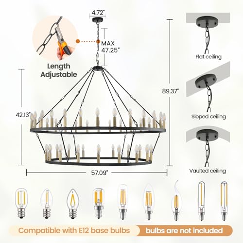WJShome Elevate Your Dining Experience with a 57 Inch Black and Gold Wagon Wheel Chandelier - Gorgeous 2 Tier, 48-Lights for Farmhouse Dining Rooms & Grand Entryways - Ideal for High Ceilings! by WJShome - Used condition - Image 2