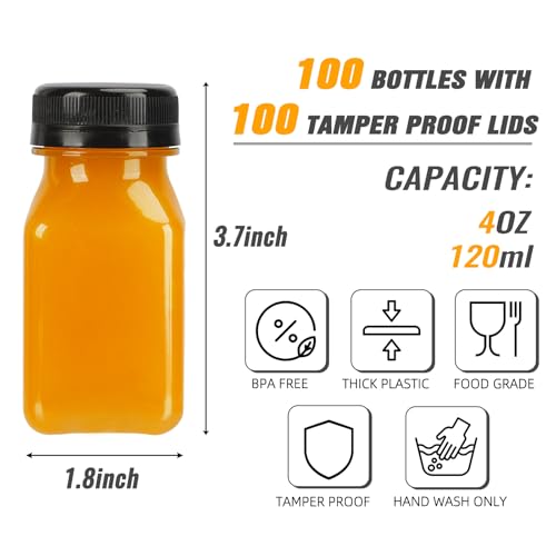 TOMNK 100pcs 4oz Juice Bottles, Reusable Small Shot Bottles with Lids, Labels, Funnel and Brush Beverage Containers for Juicing, Ginger Shots, Milk and Beverages