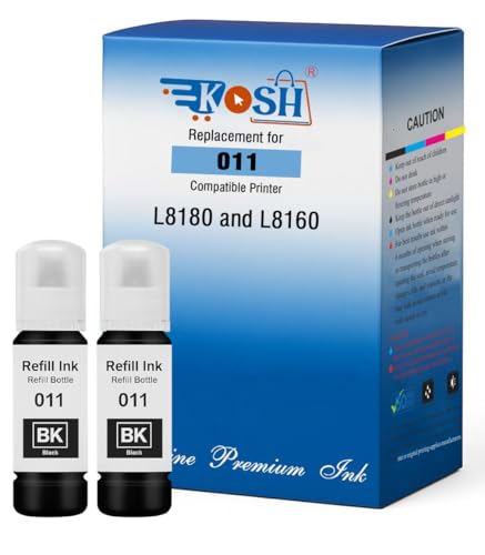 Image of KOSH 011 & 012 Refill Ink Bottle Compatible for Epson L8180 and L8160 Printers (2, Black Pack of 2)