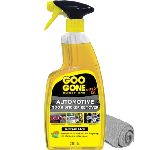 Image of Goo Gone Automotive Adhesive Remover, Goo & Grime Cleaner for Bumper Stickers, Decals, Tree Sap, Brake Dust, Bird Droppings, Gum, Spray Paint, Asphalt, 24 oz with MicroFiber Buffing Towel