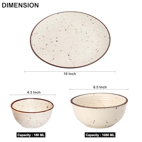 Image of Freakway Handcrafted Off White Stoneware Pack of 13 Pieces Ceramic Dinner Set 6 | Crockery Set for Dining Table | 6 Dinner Plates, 6 Bowl /katori & 1 Serving Bowl | Microwave & Dishwasher Safe