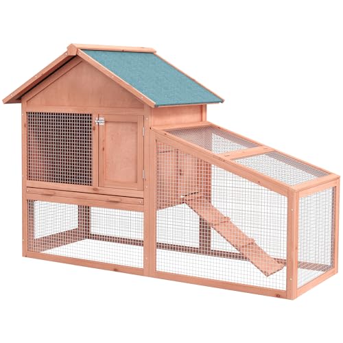 PawHut Kleintierstall Kleintierkäfig mit Asphaltdach Freilaufgehege Doppelstöckig Tannenholz Natur 144 x 64,5 x 100 cm