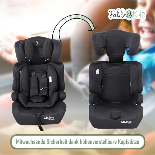 FableKids Kinderautositz 9-36 kg | 3-Punkt-Sicherheitsgurt | Autokindersitz ab 15 M. | Autositz für Kinder 76-150 cm | Kindersitz einstellbare Kopfstütze ECE R129/03 | Verstellbar | Schwarz