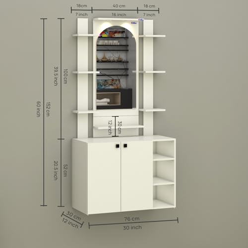 Image of Anikaa Venza Engineered Wood Dressing Table with Wall Mounted Mirror & LED Lights Open Shelf | Makeup Vanity Storage Cabinet with Soft Closed Hinge Door for Bedroom -(White) DIY Installation