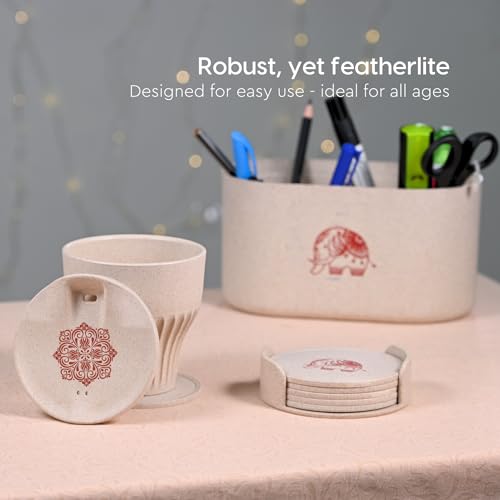 Image of Eha Earth-Friendly Wedding Gifts for Couple| Gifts Made with Rice Husk Biocomposite| One Mandala Printed Mug and Coasters Set of 6, Keychain, Loopac Box | 250 ml |Sand Castle