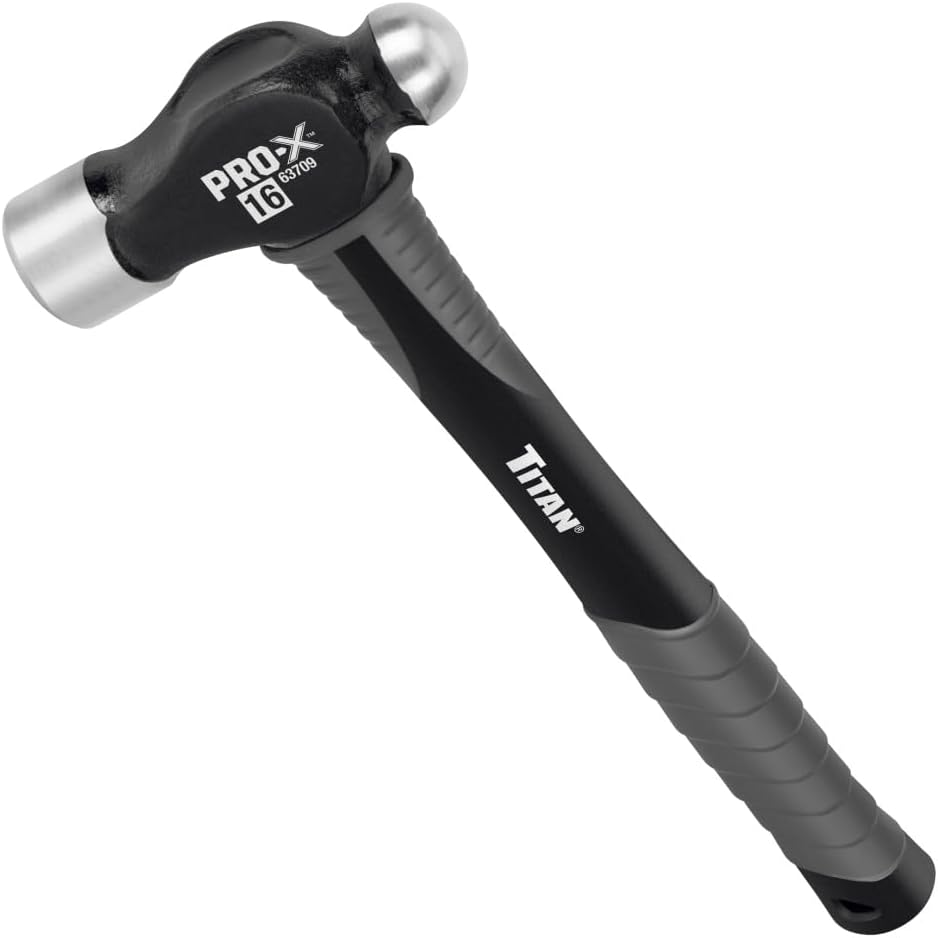 Titan Pro-X 63709 16oz Ball Pein Hammer, 13" Shock Absorbing Fiberglass Handle with Textured Rubber Grip, Overstrike Protection, Forged Steel Head