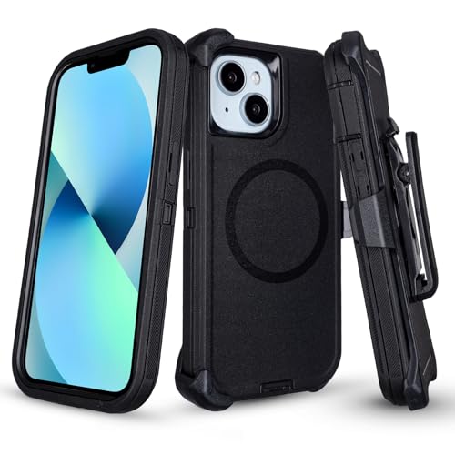 for iPhone 13 Case with Belt Clip Holster [Compatible with MagSafe] Heavy Duty Military Grade Drop Protection 3-Layer Rugged Shockproof for iPhone 13 Case with Kickstand 6.1 Inch (Black)
