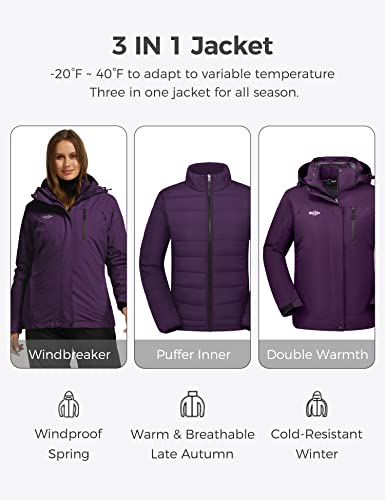 Wantdo Women's 3-In-1 Ski Jacket Hooded Snowboarding Jacket Mountain Winter Coat Dark Purple M #TOP2