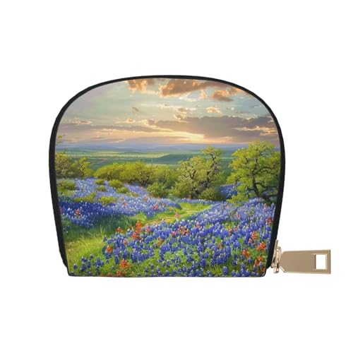 Texas Bluebonnets Scenery Printed Card Wallet for Women Men Cute Zipper Card Cases Holder Mini Coin Purse with 12 Card Slots