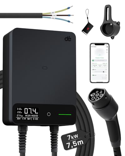 dé Wallbox 7,4 kW Tipo 2 con App, Cavo Tipo 2 7,5m, RFID, Wallbox Monofase 6-32A 230V, Colonnina Ricarica Auto Elettrica 7kW con RCD Tipo A 30mA AC + 6mA DC, IP54, per E-208 e Altri BEV/PHEV, Nero