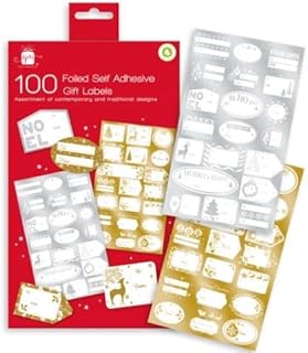 Pack of 100 Foiled Gold and Silver Self Adhesive Christmas Gift Labels Tags Tree Santa Rudolph Snowman Holly