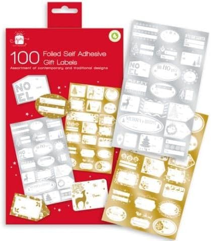 Pack of 100 Foiled Gold and Silver Self Adhesive Christmas Gift Labels Tags Tree Santa Rudolph Snowman Holly
