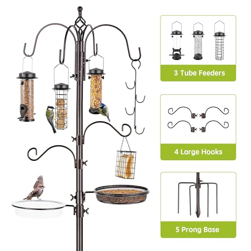 Bird Feeder Station with Suet Cage & Water Bowl Fruit Hook- Adjustable Pole, 6 Hanging Hooks for Wild Birds, Outdoor Garden Bird Feeding Kit - Image 4