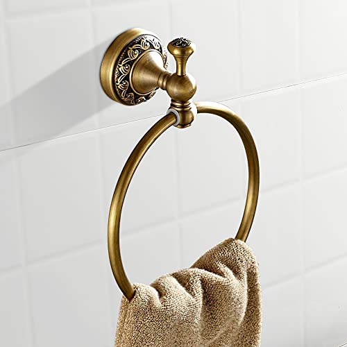 Image of Leyden Brass Towel Ring, Antique Retro Round Towel Holder, Wall Mounted Bath Hand Towel Rack Rail Bathroom Hardware Classical Ancient Wave Pattern Base