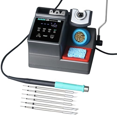 SUGON A9 245 Digital Soldering Station 3 Seconds Fast Heating, 110V Soldering Iron Station of with 6 Integrated Soldering Iron Tips Equipped, 212-842℉, Soldering Iron Replacement Rack,etc