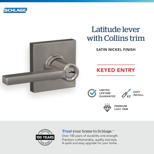 Image of SCHLAGE Latitude Keyed Entry Door Handle, Reversible, Satin Nickel | Keyed entry lever door handle with turn-button lock, Easy to install, Certified security & durability, Universal fit, 2 keys