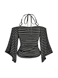 SOLY HUX Women's Plus Size Striped Off The Shoulder Tops Y2k Retro Halter T-Shirts Grunge Shirts Streetwear Black and Grey XX-Large Plus