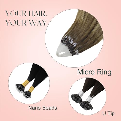 Image of Easyouth Micro Ring Hair Extensions Human Hair Balayage, Long Straight Hair
