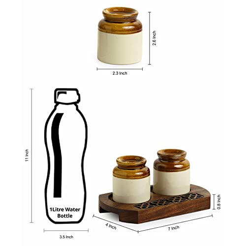 Image of ExclusiveLane 'Royal' Ceramic Salt Pepper Set for Dining Table with Wooden Tray (80 ML, Brown & Cream) | Salt and Pepper Container for Dinning Table Salt and Pepper Dispenser Salt and Pepper Shaker