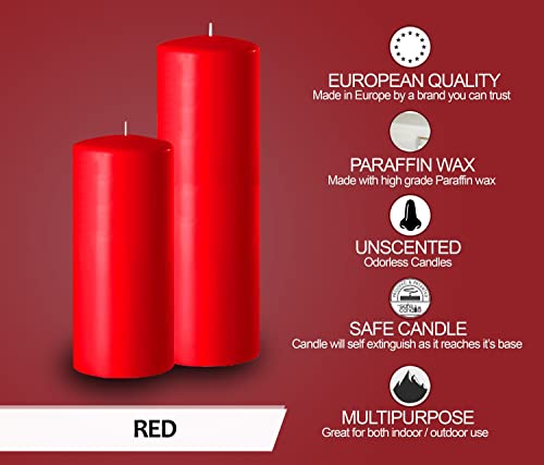 Hyoola Red Pillar Candles 2X8 Inch - 4 Pack Unscented Pillar Candles - European Made #TOP3