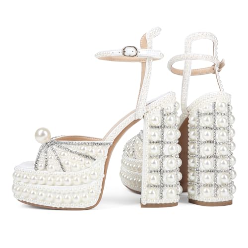 Saint Leia Women's Platform High Heels Square Open Toe Pearl Heels Buckle Rhinestones Summer Elegant Sandals4