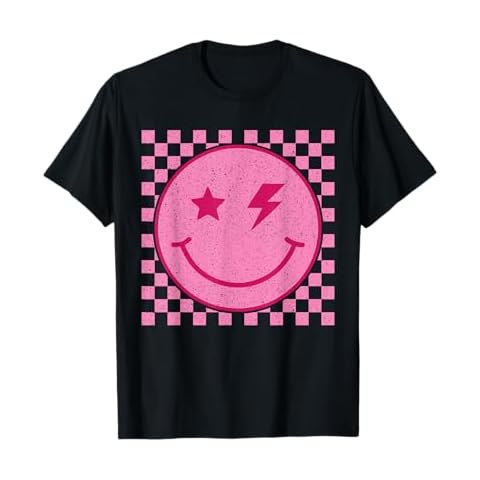 Retro Pink Happy Face Checkered Pattern Smile Face Trendy T-Shirt Cover