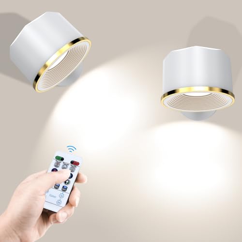 TBTeek Wall Light, Wall Sconce Set of 2, 6 Color Dimmable Closet Light, Rechargeable Battery Stick on Light, Wall Lamp with Remote, Cordless Wall Mount Reading Lamp for Bedside Bedroom, White