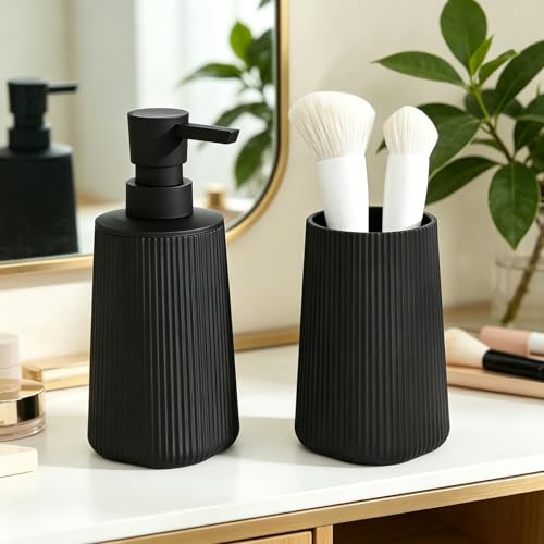 GAHEFY 2-teiliges Badezimmer-Accessoire-Set, Seifenspender mit 250 ml & Zahnputzbecher, Modernes Rillen-Design aus ABS-Kunststoff, für Waschbecken & Badablage (Schwarz)