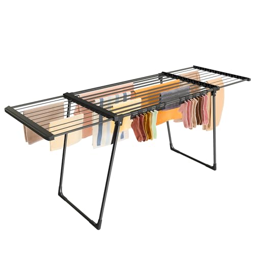 SONGMICS Étendoir à Linge, Séchoir sur Pied, Ailes Extensibles, 22 m de Longueur d’Étendage, avec Porte-Chaussettes, Pliable, Noir d'encre LLR522BH01