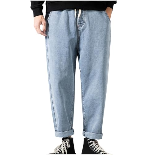 Men’s Casual Demin Pants Drawstring Elastic Waist Loose Fit Denim Pants Solid Washed Jeans Trousers with Pockets