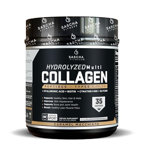 SASCHA FITNESS Hydrolyzed Multi Collagen Peptides Tipes 1,2 & 3 |Hyaluronic Acid|Biotin |Cynatine HSN|Vitamin C & E |for Hairs, Skin & Bone Support|Caramel Macchiato