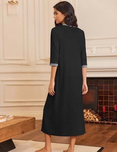 Ekouaer Women's Zipper Robe 3/4 Sleeves Housecoat Full Length Nightgown Soft Loungewear Robe with Pockets(Black, 3X-Large)4