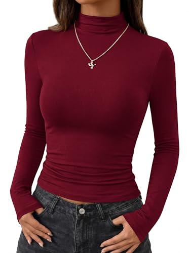 BTFBM Mock Tops for Women Fitted Long Sleeve Shirts Fall Fashion Clothing Thermal Layering Undershirts Going Out Outfits(Burgundy Medium)