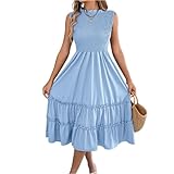 Sommerkleid Damen Midi A-Linie Elegant Gesmoktes Kleid Lang Rüschen Ärmellos Midikleid Damen Sommer Plissee Tailliert Kleider Volant Schwingen Festlich Sommerkleider Frauen Leicht Und Luftig