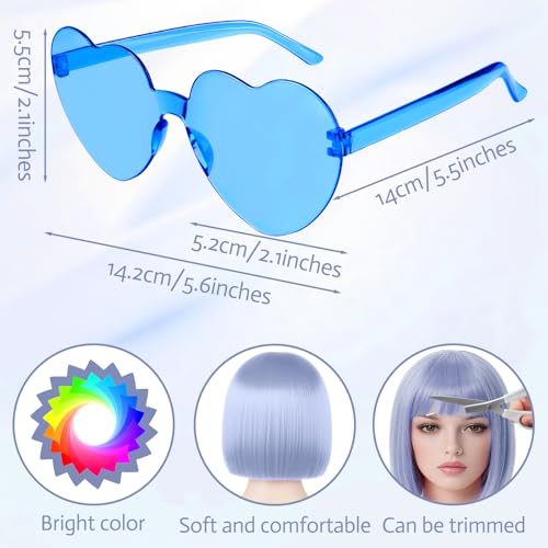 Image of MEEZY Blue Gray Short Bob Wigs Straight Hair with Flat Bangs Heart Sunglasses for Women, Colorful Funny Cosplay Party Neon Wig Synthetic Natural As Real Carnival Halloween Costume