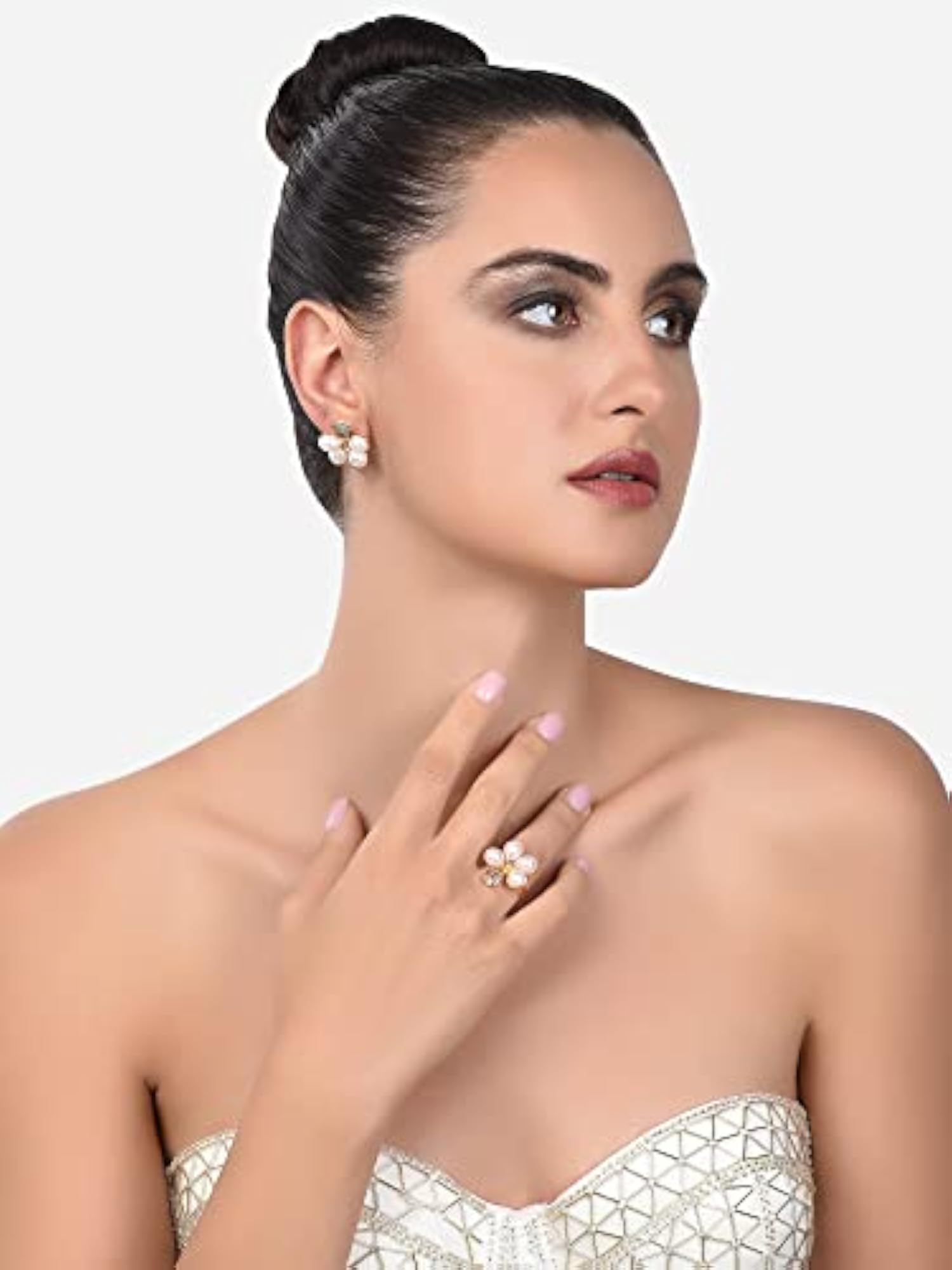 Women's Tone Austrian Diamonds & Embellished Flower Stud Earring & Ring Set