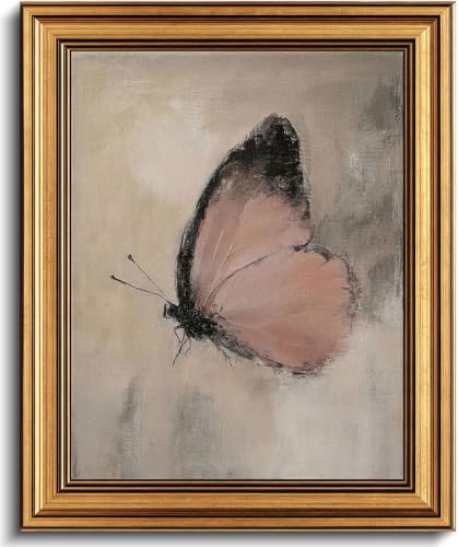 Image of Gold Framed 3D Textured Wall Art, Vintage Pink Butterfly Canvas Prints, Moody Cottagecore Moth Pictures Decor, Boho Rustic Farmhouse Insect Artwork for Living Room Bedroom Bathroom 16x24inch