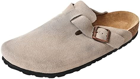 KLUKGE Boston Clogs for Men, Women‘s Suede Soft Leather Clogs Adjustable Buckle Cork Non-Slip Slippers Home Sandals Unisex Shoes(Light Grey UK 5.5)