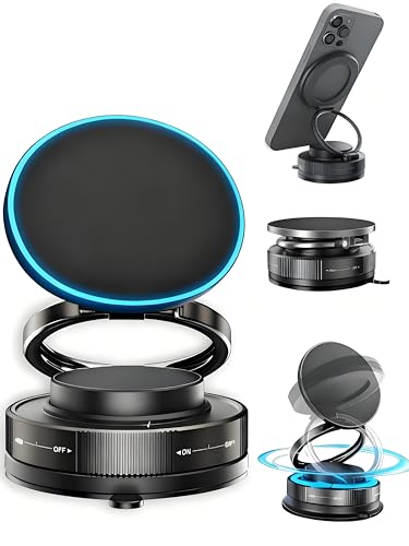 Vacuum Magnetic Car Phone Holder with Strong Magnets, 360° Adjustable Dash Cell Phone Holders, Foldabl Magsafe Car Mount with Vacuum Suction Cup for Cars/Gym/Mirror/Smooth Surface iOS Android, Black